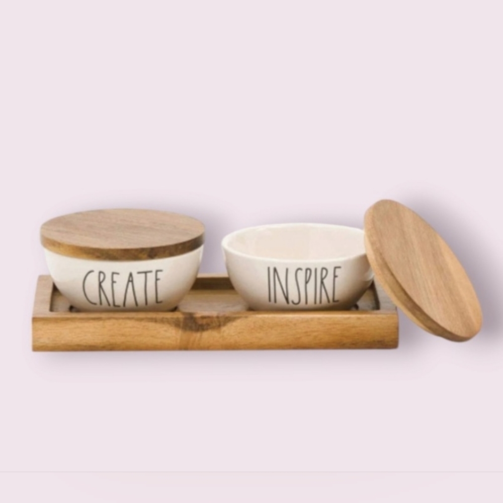 Rae Dunn Kitchen Pinch Bowls Set White Brown Tray NEW